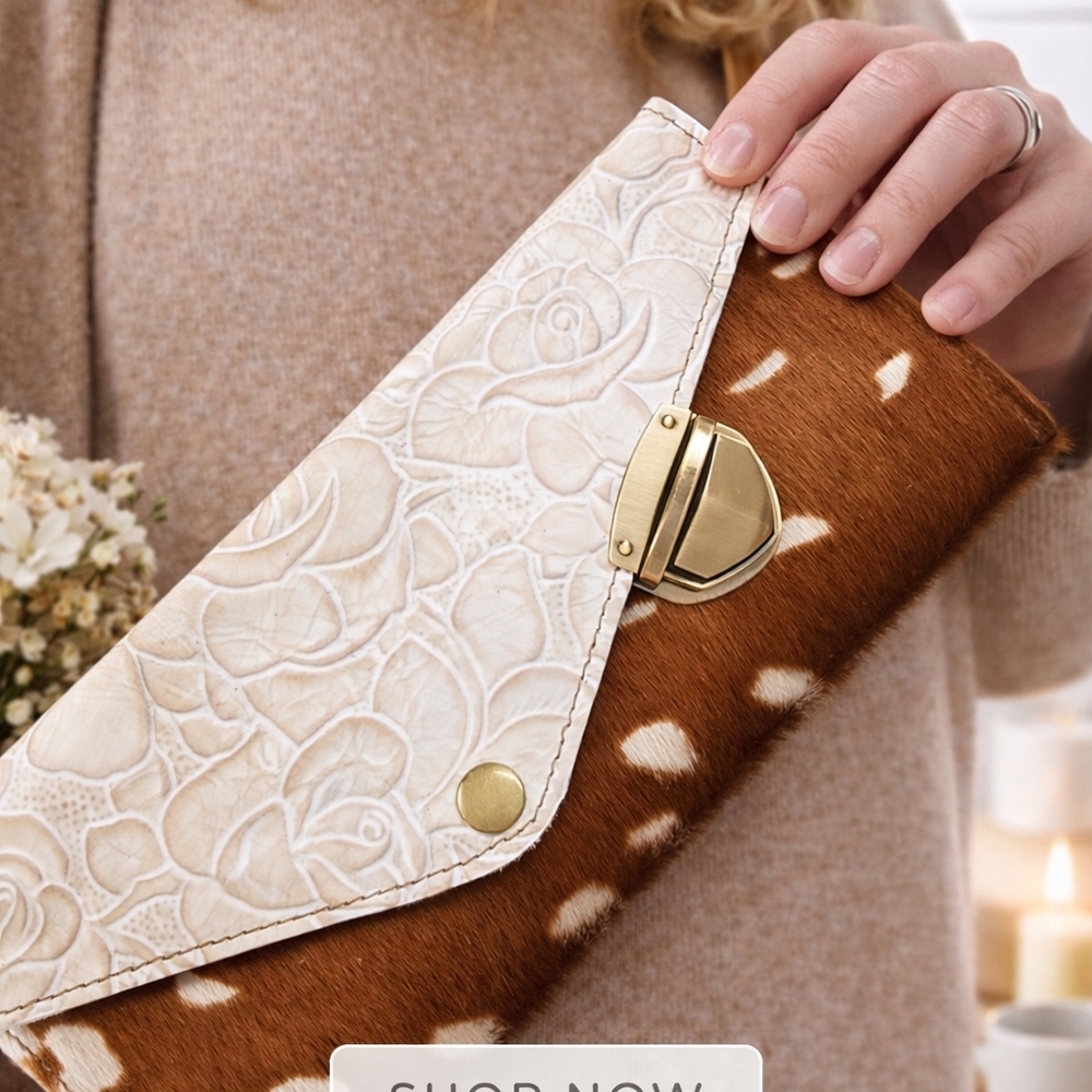 White Embossed & Brown Spot Faux Fur Clutch